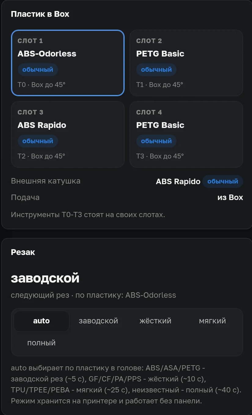 Пластик в Box по слотам и резак с режимами auto, заводской, жёсткий, мягкий, полный